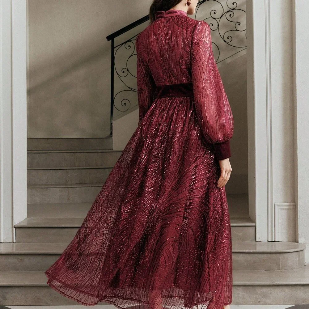 Burgundy Elegant Women's Sequin Velvet Patchwork Waist Dress